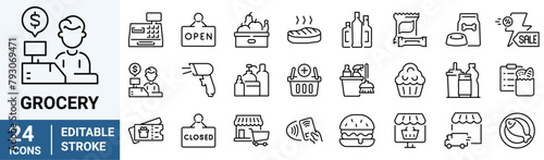 grocery web line icons. Supermarket, milk, cheese, eggs, free delivery, bread, vegetables, fruits. Vector illustration. Editable stroke