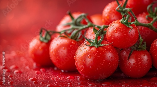 Ripe red tomatoes hang fresh from a green vine © KN Studio