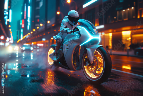 Biker on a futuristic motorcycle rides through the streets of a night city