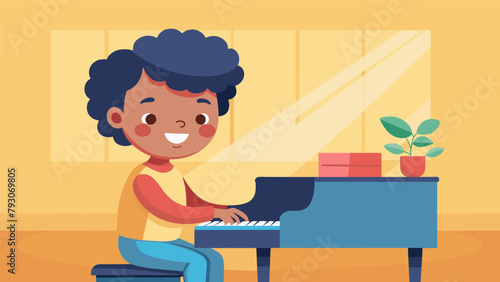 In a music room a child beams with pride as they play a song on the piano that they have been practicing for New Skills Day.