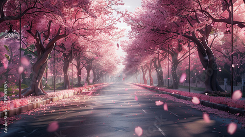 A cherry blossom-lined street in Japan with pink petals swirling in the spring breeze.