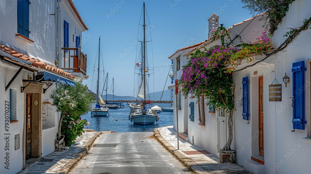 A coastal street with whitewashed houses, blue shutters, and sailboats bobbing in the harbor.