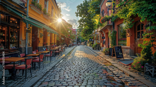 A cobbled street with charming cafes spilling out onto the sidewalk. photo