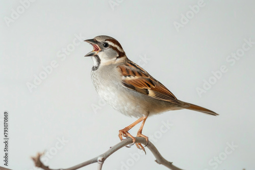 A sparrow chirps, perched on a twig