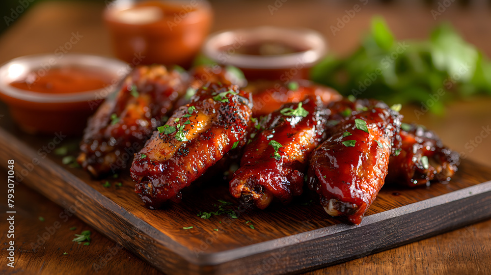 Succulent Grilled Chicken Drumsticks on Wooden Board Succulent Grilled Chicken Drumsticks on Wooden Board