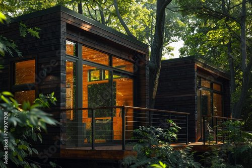 A stylish and modern cabin hidden in the woods  featuring dark wood facades and large windows  on a sunny summer day.