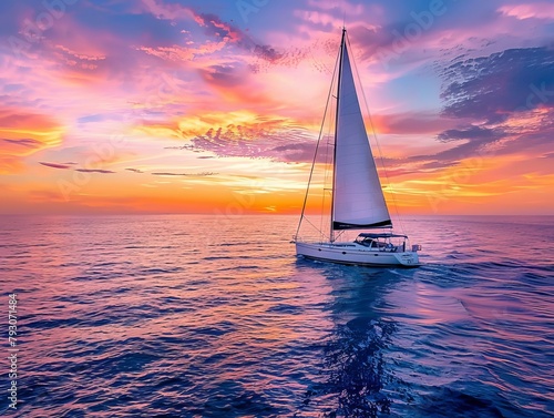 A captivating scene featuring a lonely yacht sailing in the Mediterranean Sea against an amazing sunset backdrop.