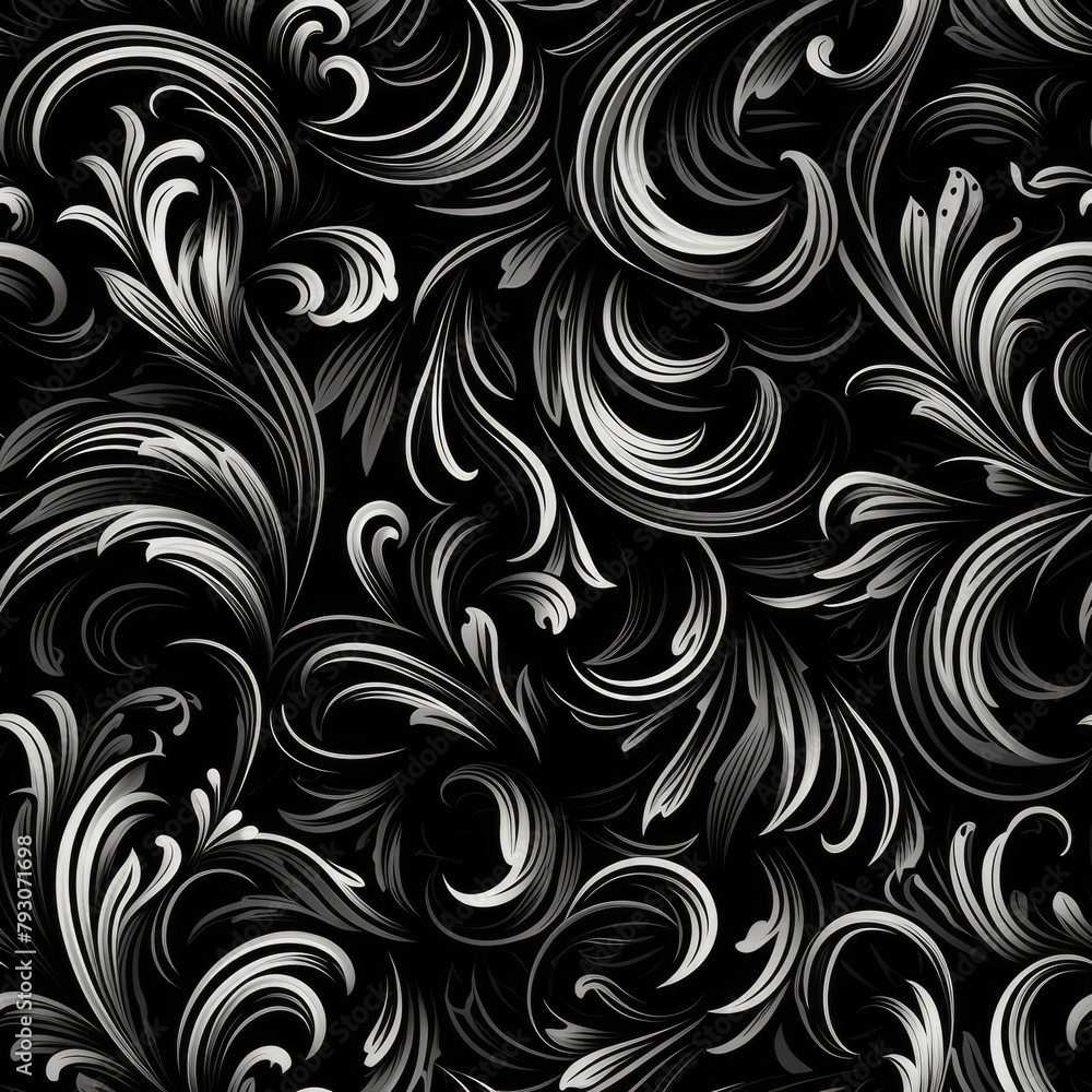 A black and white floral pattern with silver accents. The design is intricate and detailed, with a sense of elegance and sophistication. The black and white color scheme adds to the timeless A black and white floral pattern with silver accents. The design is intricate and detailed, with a sense of elegance and sophistication. The black and white color scheme adds to the timeless