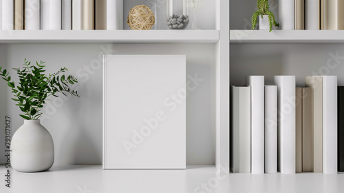 Mock-up of a book with blank white cover placed on a bookshelf with book and plant vase decorations. New modern minimal book in front view. photo