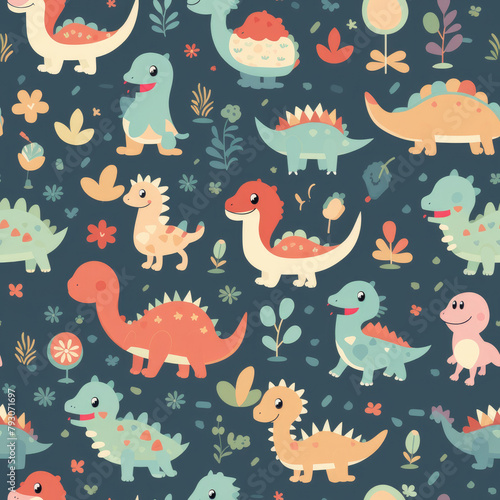 A colorful pattern of various dinosaurs  including a T-Rex  is displayed on a blue background