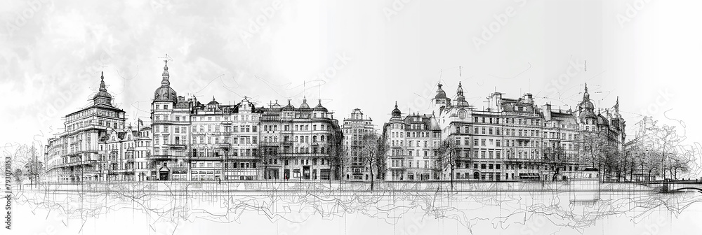 Black and white architectural building façade line drawing elevation with colonial urban cityscape  