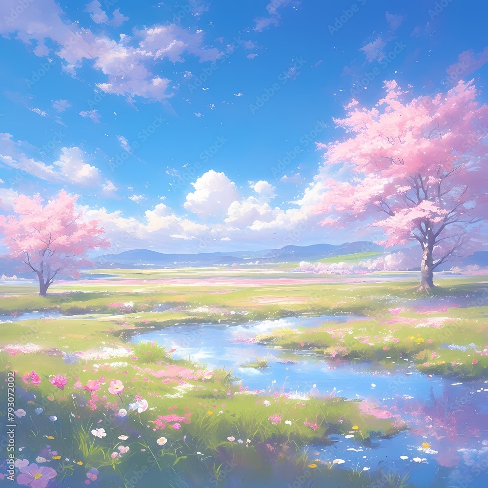 Seize the Serenity with this Vibrant Meadow and Fluffy Cloud-Adorned Sky – Perfect for Marketing Visuals