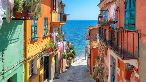 A narrow street in a coastal town with brightly painted houses and laundry drying on balconies.