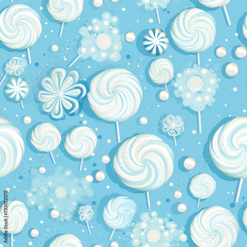 A blue background with many white lollipops scattered around. The lollipops are of different sizes and shapes, and they are placed in various positions on the background. Scene is cheerful and playful