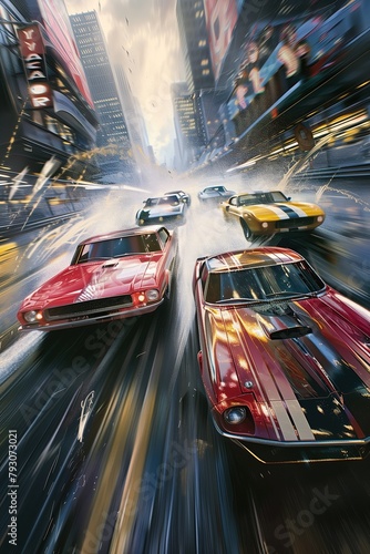 dynamic race scene with classic muscle cars