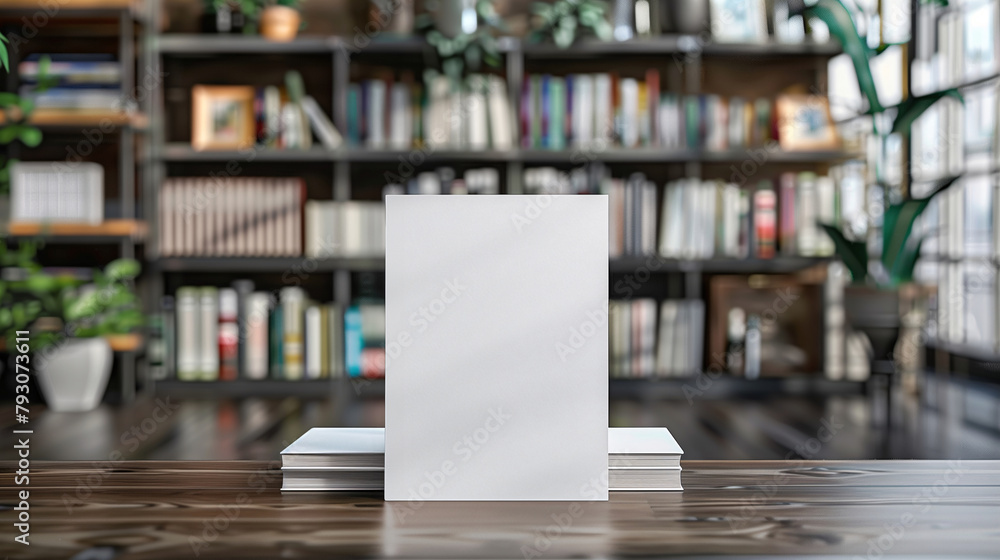 Mock-up of a book with blank white cover placed on an old wooden table with stack books, window and bookshelf as a background. New modern minimal book in front view.