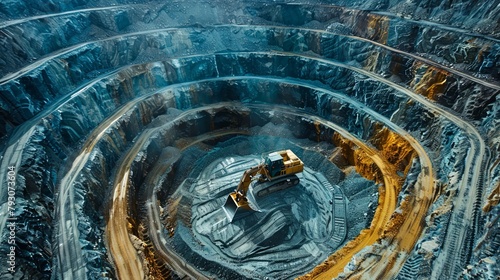Massive mining operations in an open pit mine with machinery