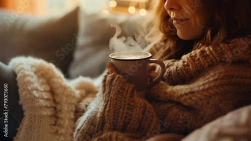 A person enveloped in the warmth of a cozy blanket, holding a steaming cup of tea, with a soft smile that speaks volumes about the comfort of self-care moments.