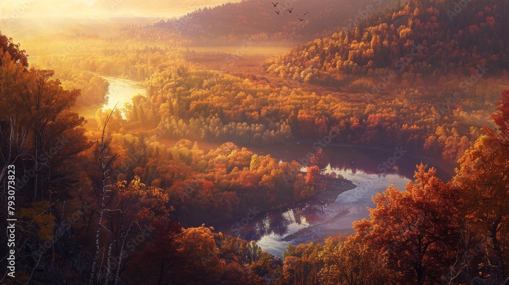 A breathtaking panoramic view of an autumnal forest bathed in warm sunlight, with a winding river cutting through the heart of the scene.