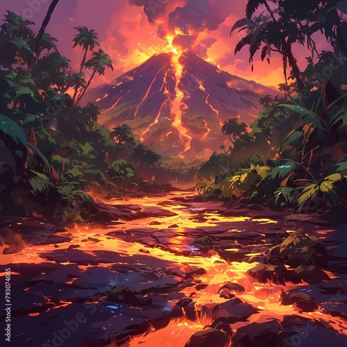 Spectacular Volcano Eruption with Glowing Red Rivers in the Heart of a Vibrant Jungle Environment photo