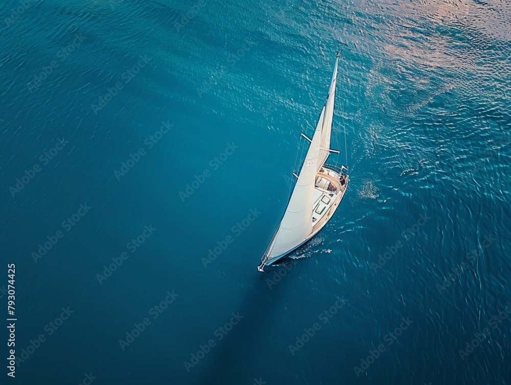 An aerial view capturing the elegance of a white yacht with a sail navigating the vast blue sea. This imagery conveys a sense of freedom, adventure, and serenity associated with sailing on open waters