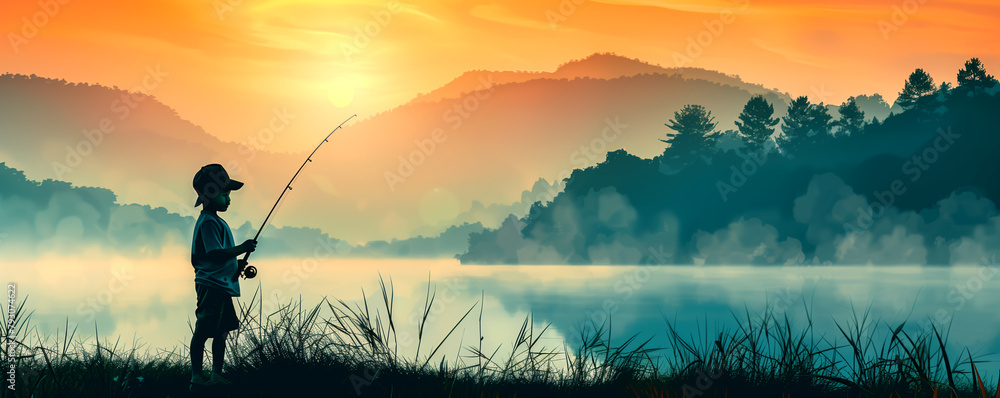 A young boy is fishing in a lake at sunset A young boy is fishing in a lake at sunset