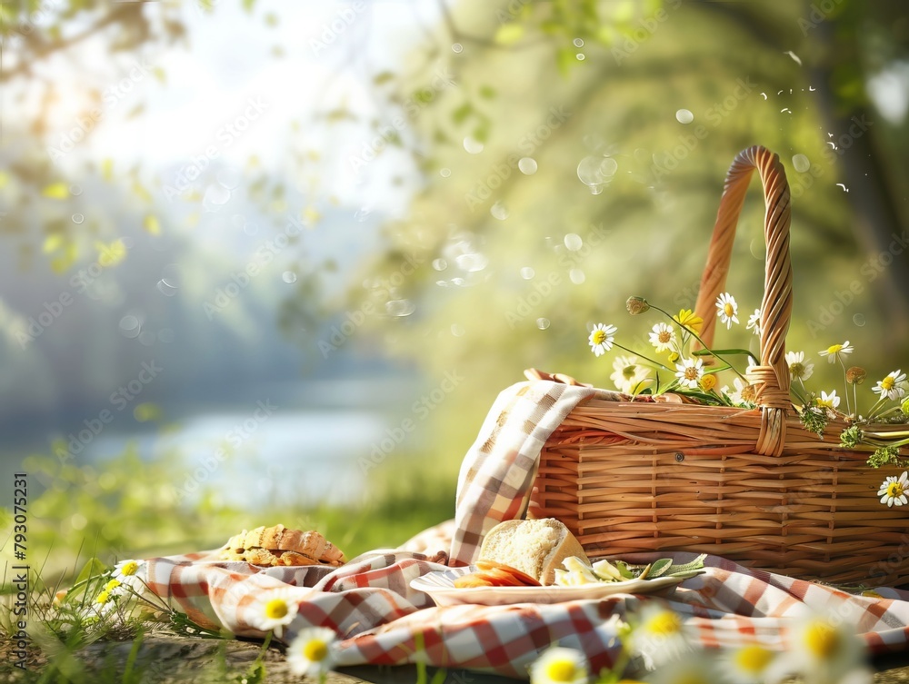 A delightful image capturing a picnic basket placed on a table against the backdrop of natural scenery. This scene exudes a sense of relaxation, summer ambiance A delightful image capturing a picnic basket placed on a table against the backdrop of natural scenery. This scene exudes a sense of relaxation, summer ambiance