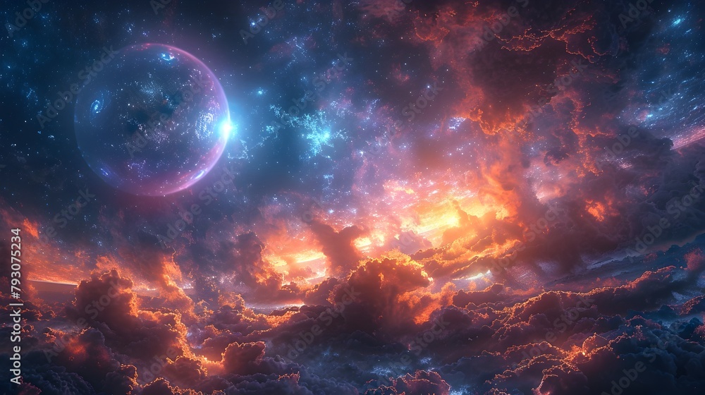Dramatic Celestial Landscape with Fiery Nebulae and Glowing Planets