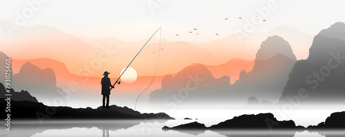 A man is fishing in a lake with a sunset in the background