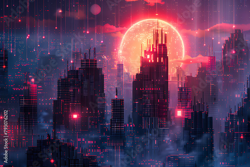 Cyberpunk by a luminous sunset, merging futuristic technology with the drama of an evening skyline