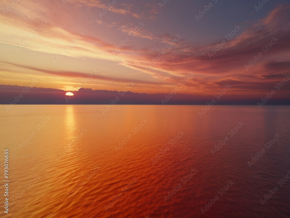 GRADIENT SUNSET WITH CLOUDS AND THEIR REFLECTION, AI generated