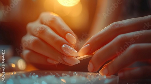 Nail Care. A closeup of hands using a nail file for shaping. AI generate illustration photo