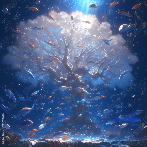 Mesmerizing Underwater Realm Featuring a Massive Sea-Tree Frequented by Myriads of Fish photo