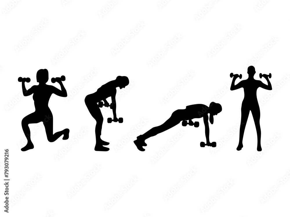 Women exercise with dumbbells. Silhouette of women, doing exercise with a dumbbell, squad, practicing yoga. Gym woman silhouette white background. Women exercise with dumbbells. Silhouette of women, doing exercise with a dumbbell, squad, practicing yoga. Gym woman silhouette white background.