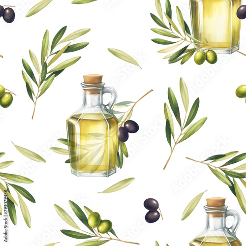 Seamless pattern with olive oil, olives and leaves. For print, design, textile and background