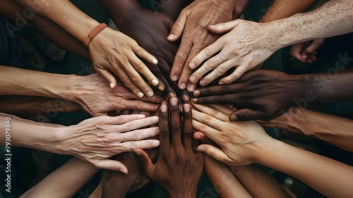 A group of diverse people joining their hands together in unity and support seen from a top down view Ai generated 