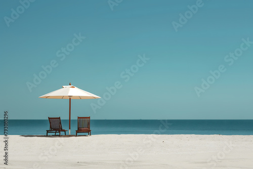 Serene Beach Vacation Scene with Umbrella and Chairs