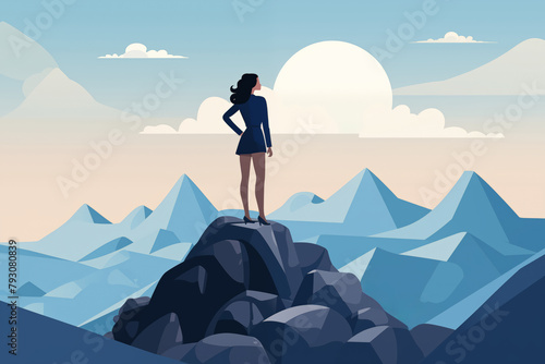 Business graphic vector modern style illustration of a business person on a mountain top representing conquering achievement progression overcoming hitting new goals or targets photo