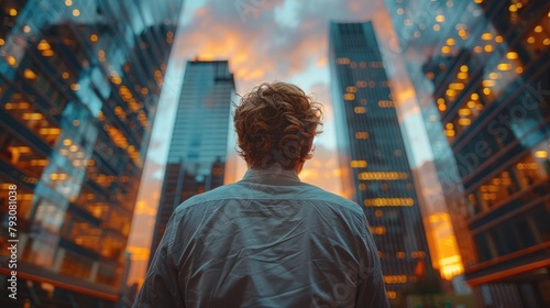 A man stands in front of two tall buildings, looking up at the sky