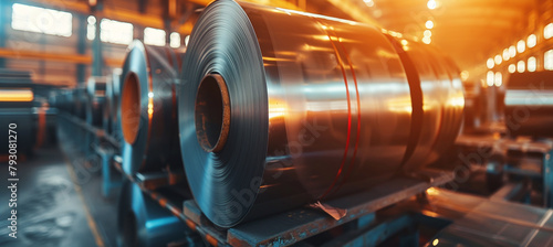 Industrial production concept. Sheet metal in rolls at the factory. Steel industry concept. Factory rental photo