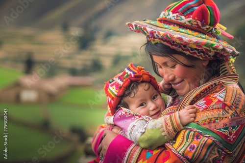 A Peruvian woman is holding a baby in her arms