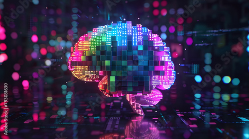 A three-dimensional illustration of the human brain, made in the form of multi-colored LED squares.