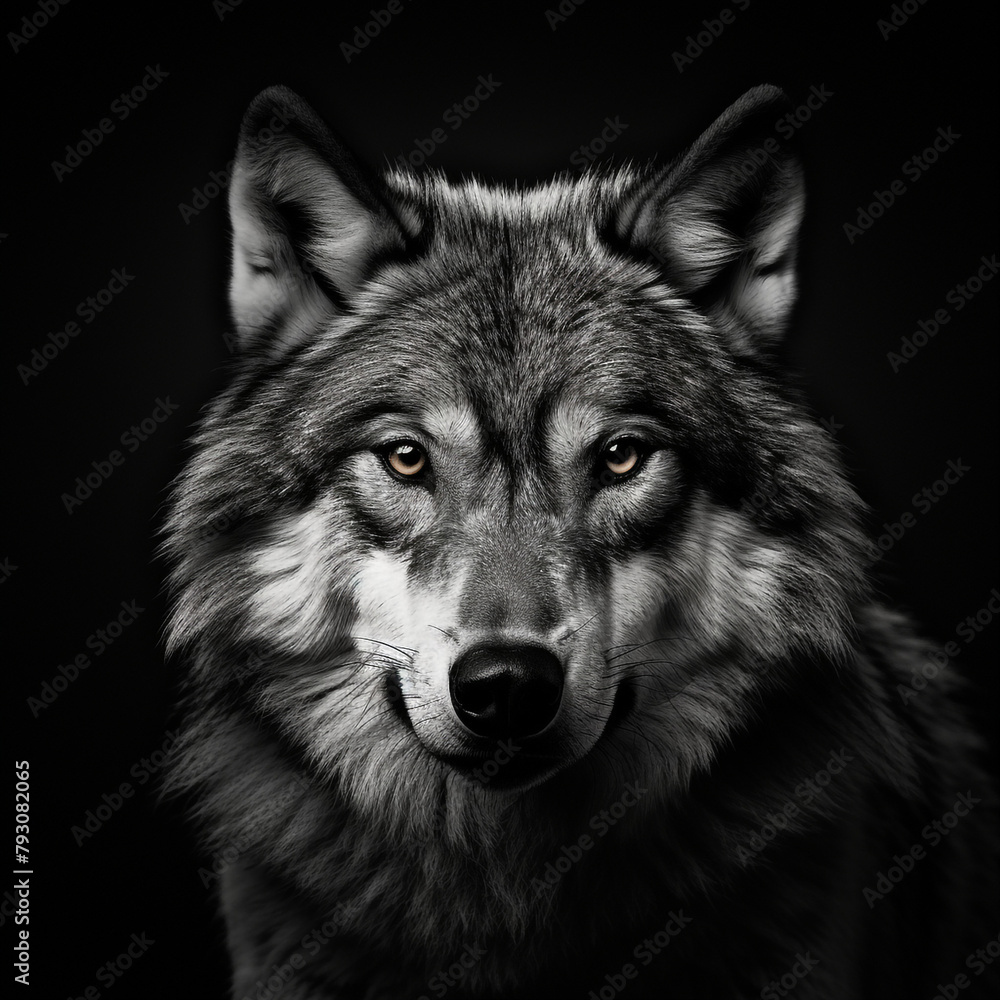 Fototapeta premium wolf 4k portrait high contrast hard lighting with dark background сreated with Generative Ai