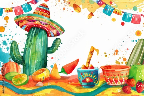 Watercolor colorful illustration with Mexican traditional style