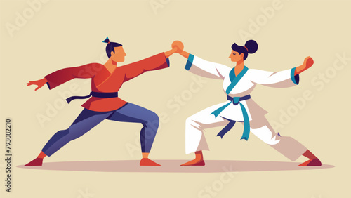 With swift movements and expert footwork the sparring partners showcase the elegance and grace of their chosen martial art.