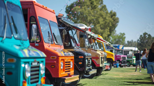 A lot of colorful food trucks are parked on a lawn for food truck festival with crowd in the noon.