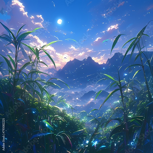 Majestic Japanese Landscape at Dusk with Fireflies