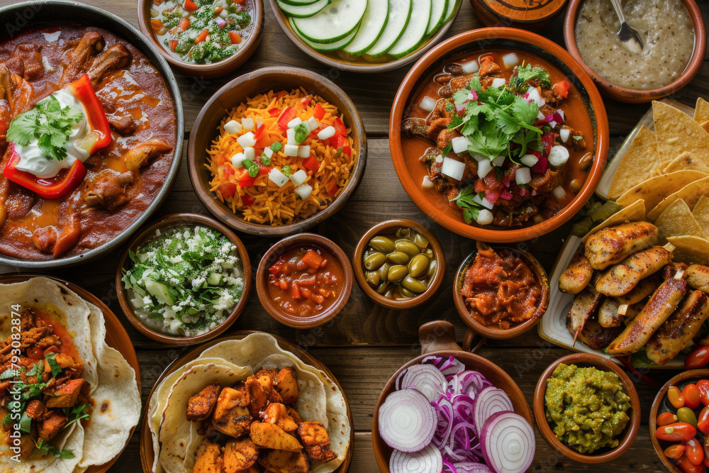 Top view of a table full of Mexican food