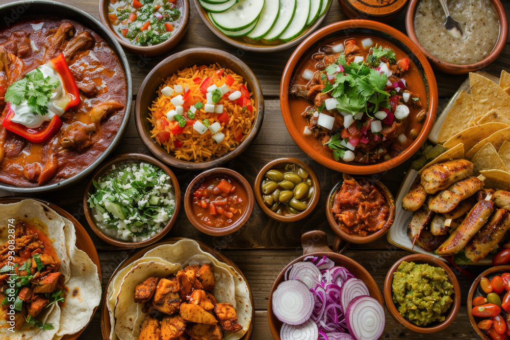 Top view of a table full of Mexican food Top view of a table full of Mexican food
