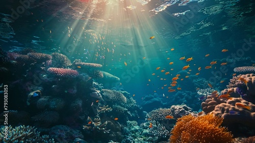 Underwater view of a coral reef with sun rays and fish in the ocean water, beautiful deep sea landscape, world ocean day background